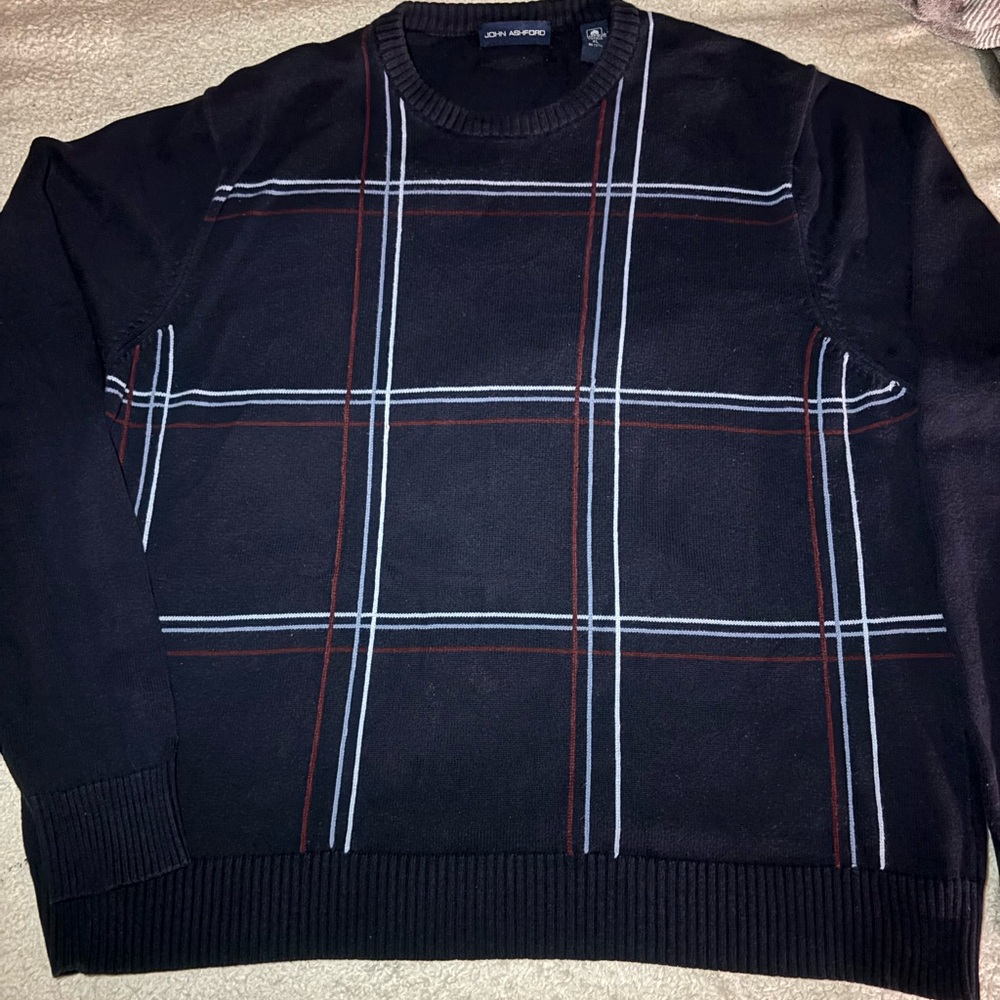 John Ashford Black and Red Plaid Crewneck Sweater
